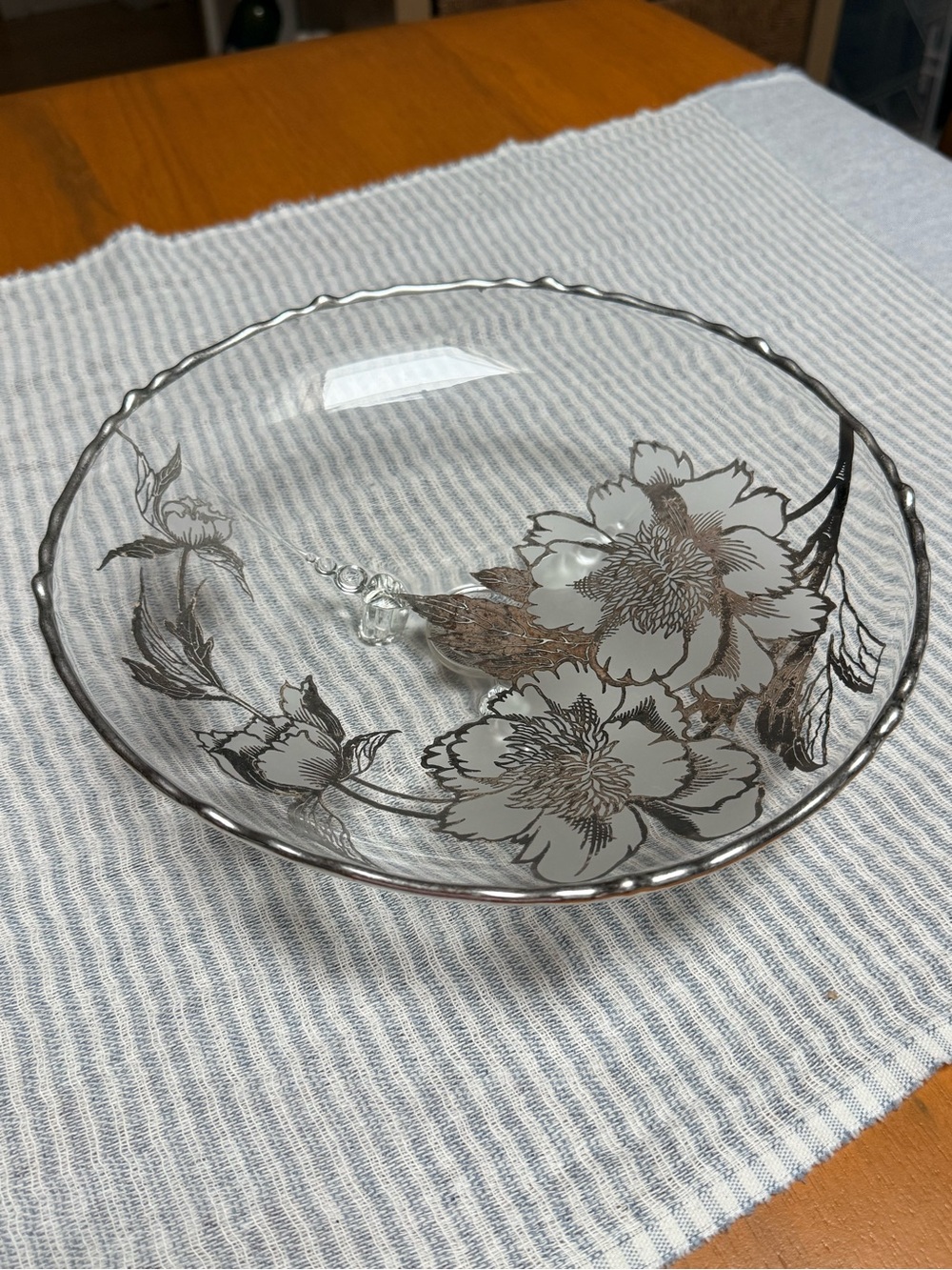 Vintage Mid-Century Silver Overlay Glass Bowl - cabbage rose - 10”